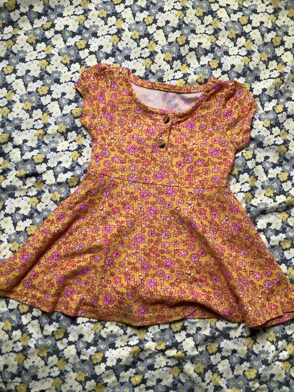 Girls Yellow Floral Short Sleeve Dress with Pink Flowers